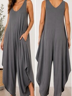 Tiana B Gray Sleeveless Harem Jumpsuit Draped Wide Leg Lounge Romper M